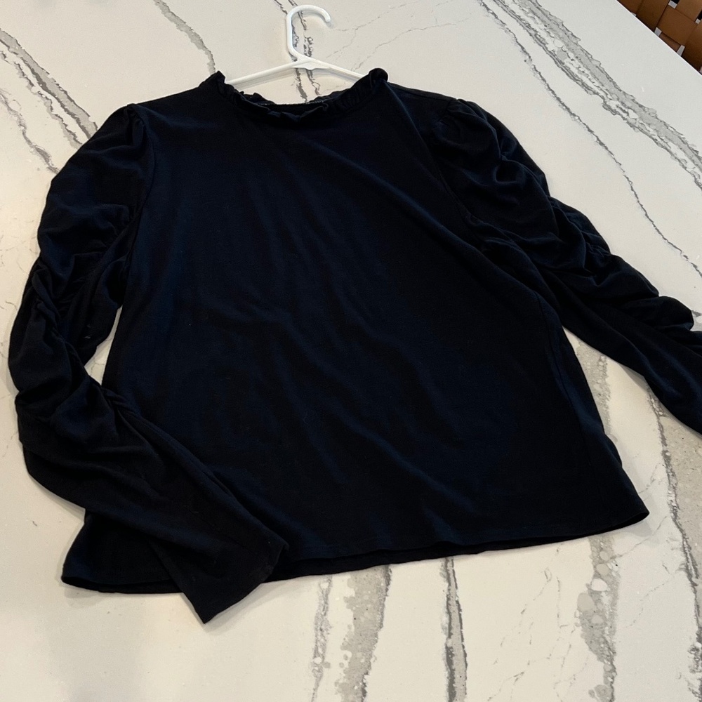 Maeve by Anthropologie Black Ruffle Neck Rouched Long Sleeve Tee- SZ L